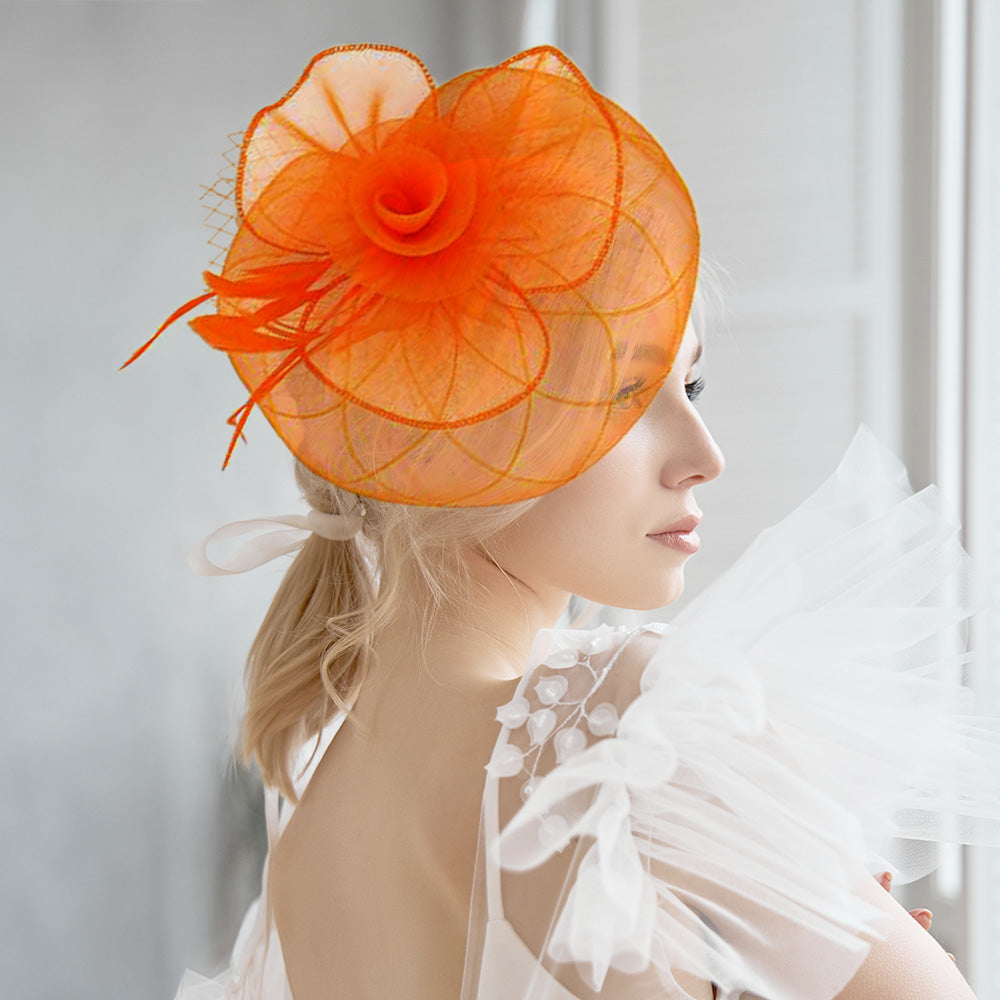 Orange Feathered Fascinator Headpiece Orange Rhinestone Diamante Satin Feather Fascinator Hat  main image 3