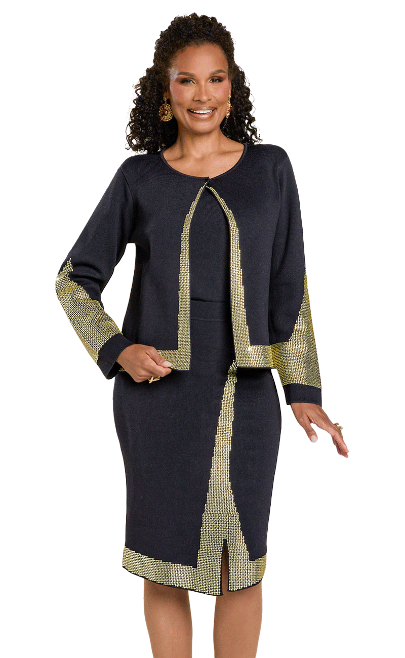 Donna Vinci Knit 13435-BWG-QS Womens Church Suit Black with Gold / 12 | Designer Church Suits Donna Vinci Knit 13435-BWG-QS Womens Church Suit Black with Gold / 12 | Designer Church Suits