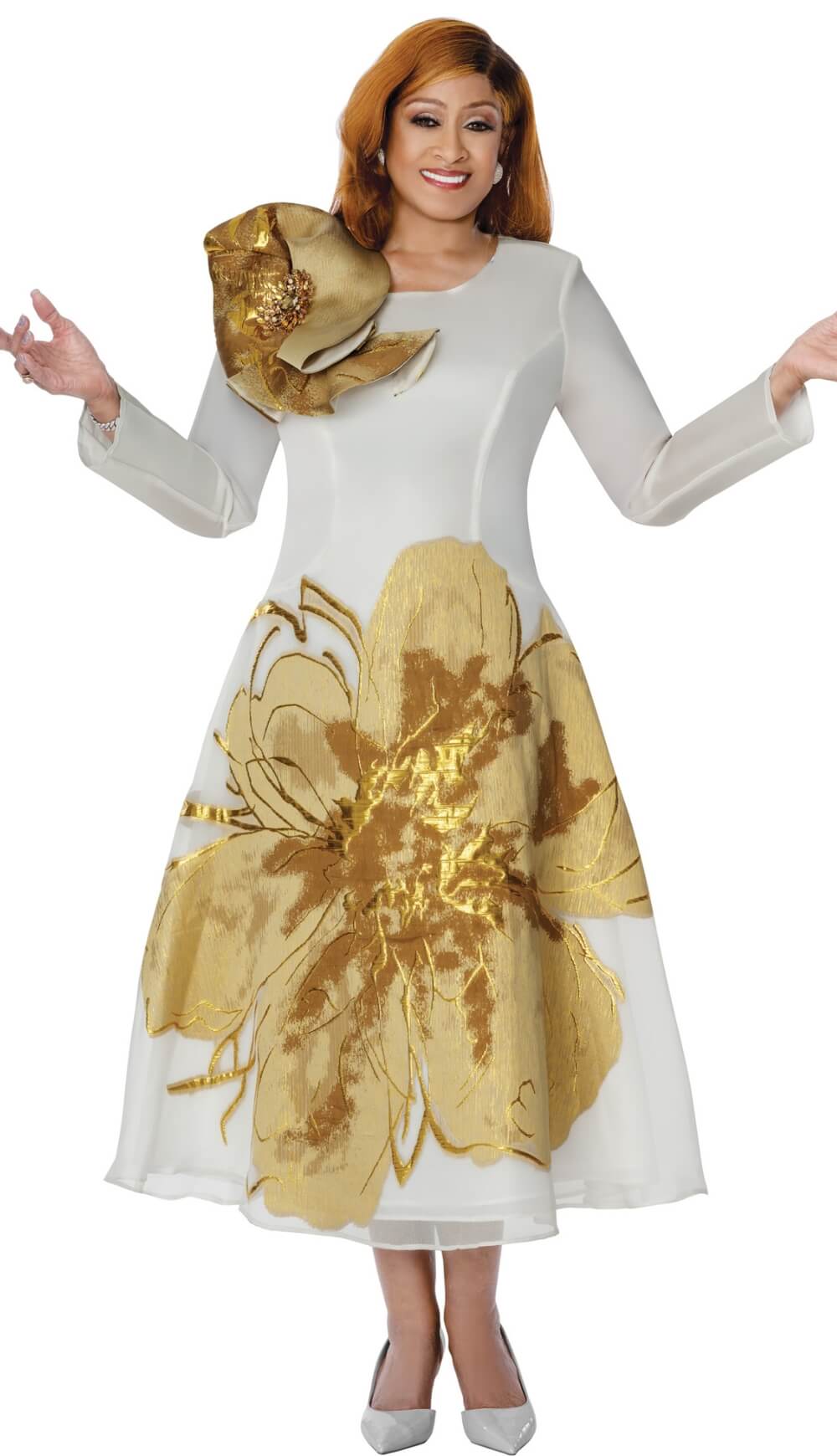 white and gold vintage dress Dorinda Clark Cole Church Dress 310171-Gold/White, Gold/White / 20W