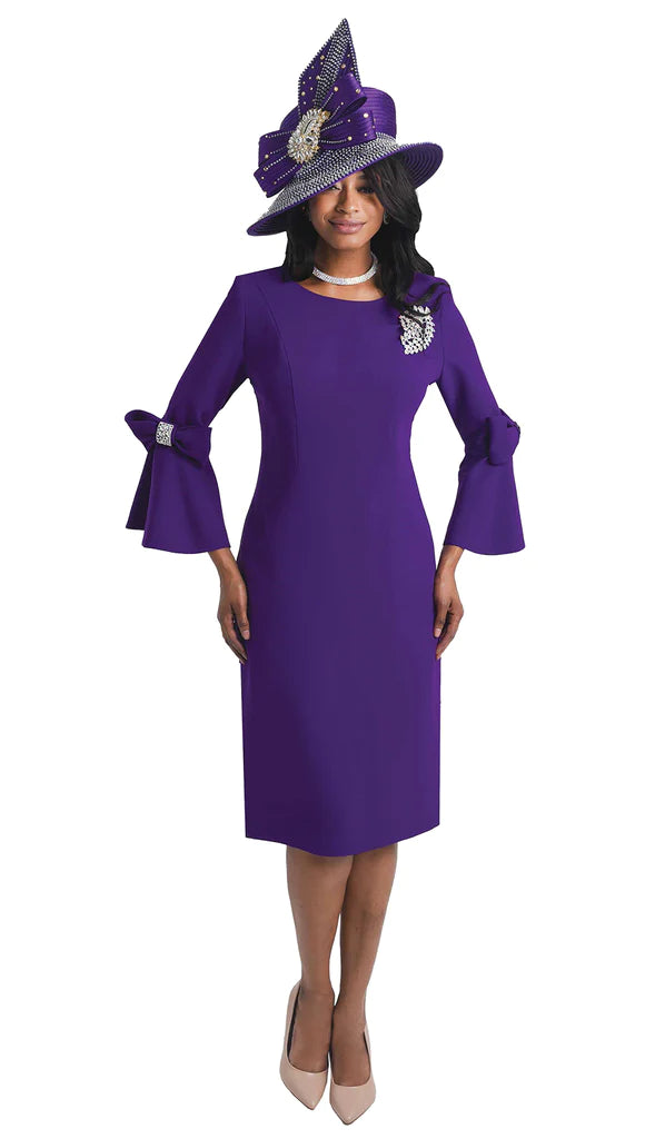 purple church dresses for women Lily And Taylor 4154-PUR ( 1pc Crepe Womans Church Dress With Flared Sleeves, Bow Trim And Jeweled Brooch ) Purple / 24