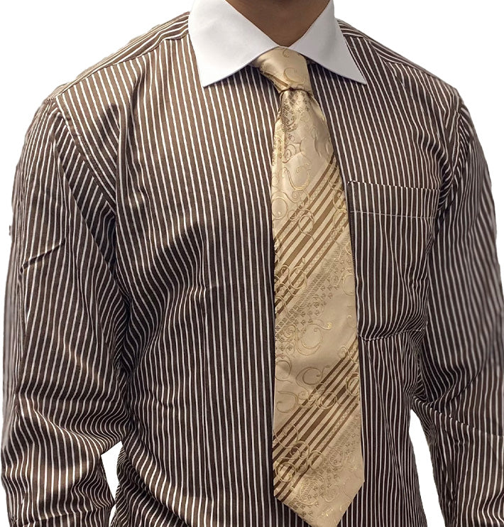 mens brown striped dress shirt Comfort Stretch Non-Iron Stripe Dress Shirt With Contrast Trim main image 0
