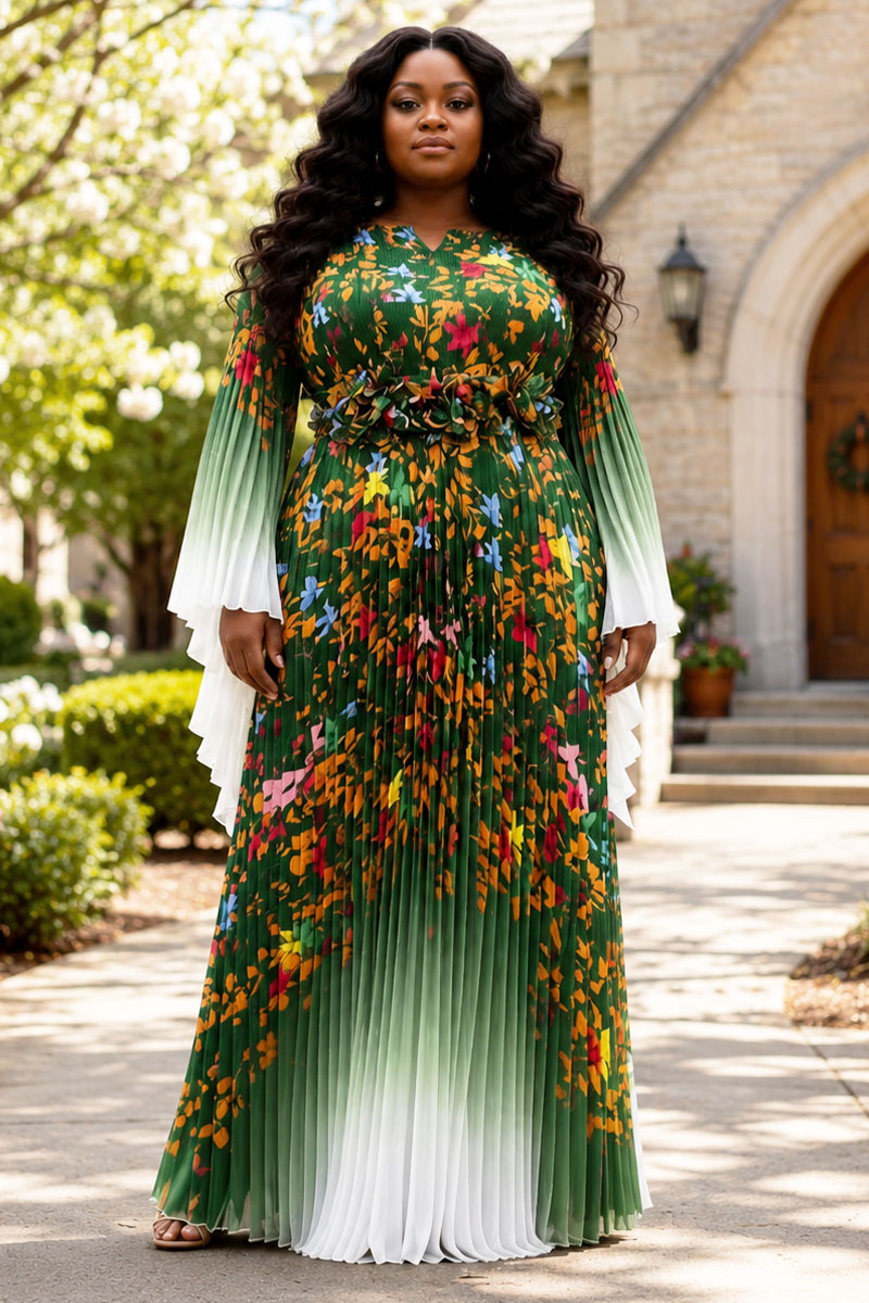 statement maxi dresses Pleated Dress with Waist 83002-Emerald ethnic wear women Style yours as the Ankle Length Wedding Guest Size:52W