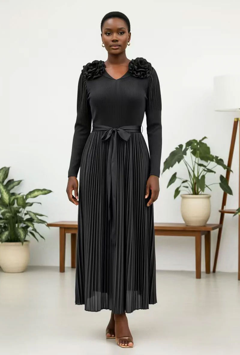 rosette midi dress Pleated Rosette Shoulder Midi Dress