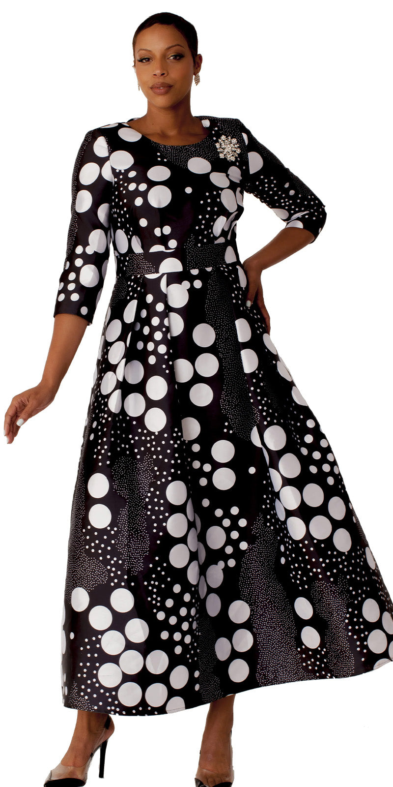 Plus Size Satin Dress with Rhinestone Brooch BLK/WHT DOTS / 22W