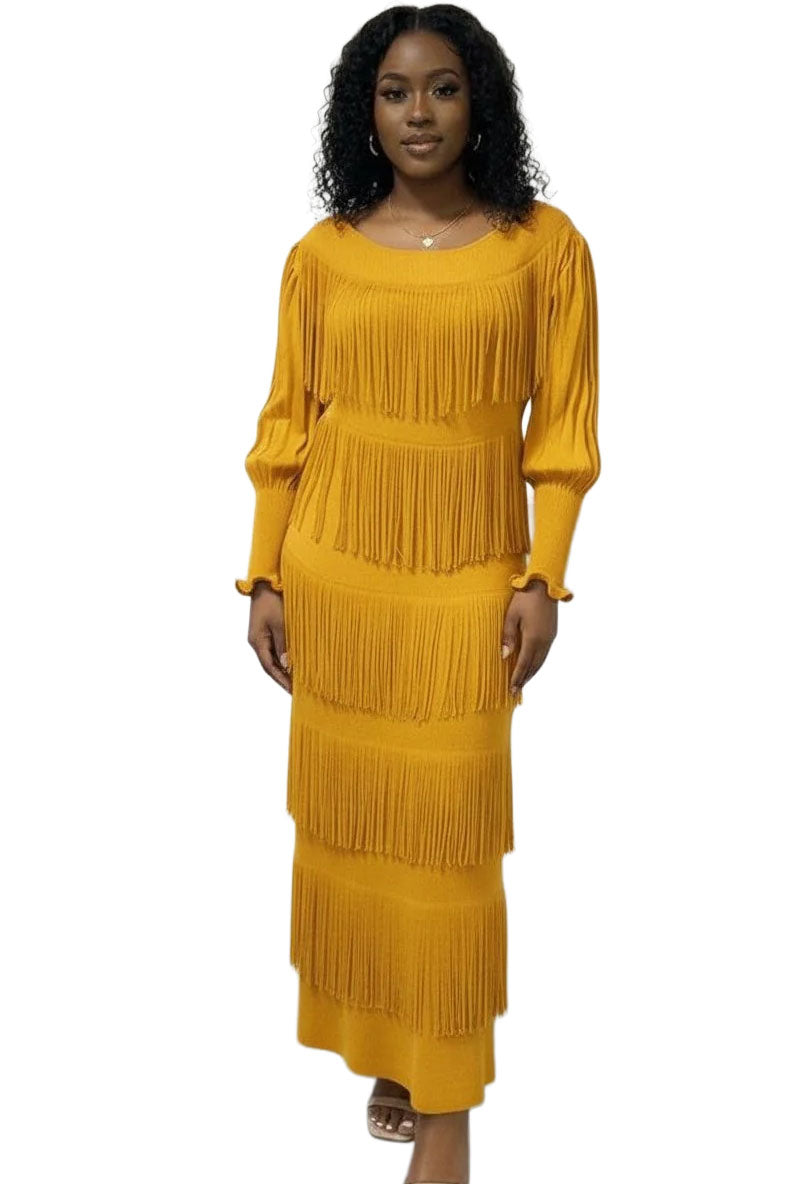 yellow knit midi dress Tiered Fringe - 83000 fabric-silk