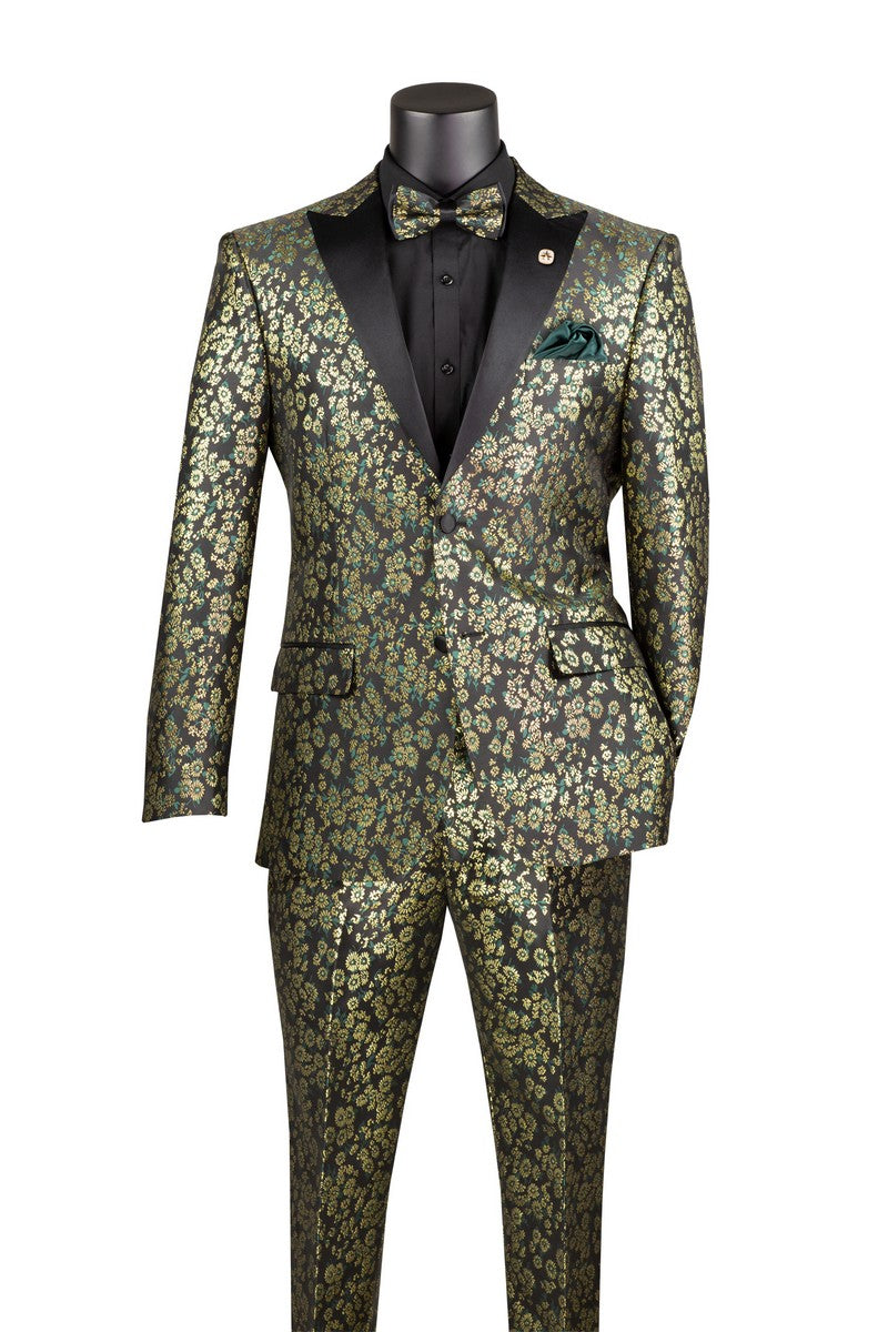 slim fit dress slacks Ak-25 Men's Emerald Green 3-Piece Velvet Wedding Tuxedo with Black Lapels main image 0