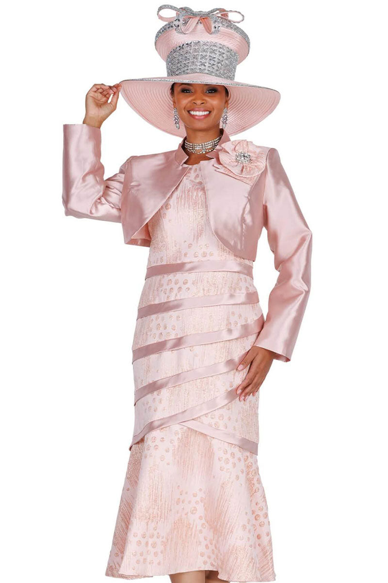 Champagne Italy 6107 Metallic Patterned Dress with Solid Bolero and Brooch