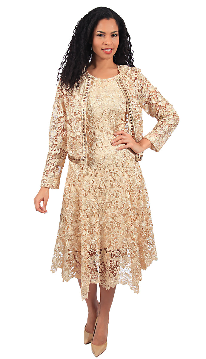 Diana Couture 8190-CH ( 2pc Lace Jacket Dress With Large Squared Rhinestones ) Champagne / 12