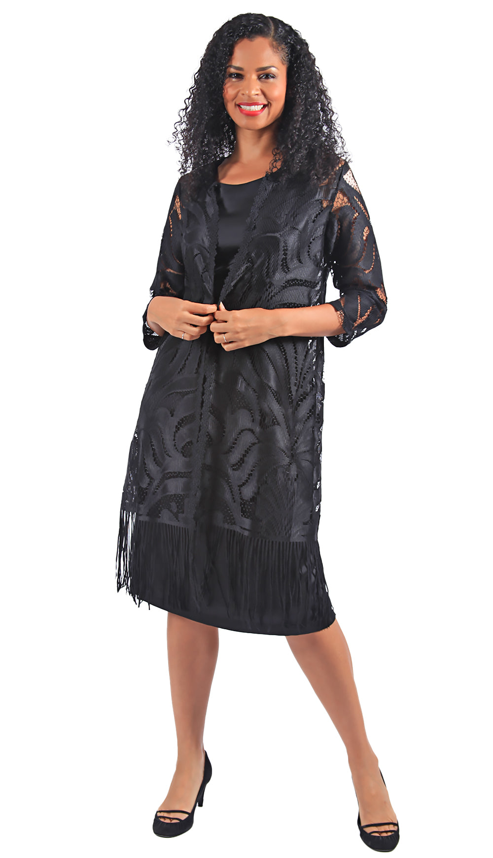 Diana Couture 8650 2pc Organza Womens Church Dress with Opaque Sleeves and Car Wash Trim Black / 12