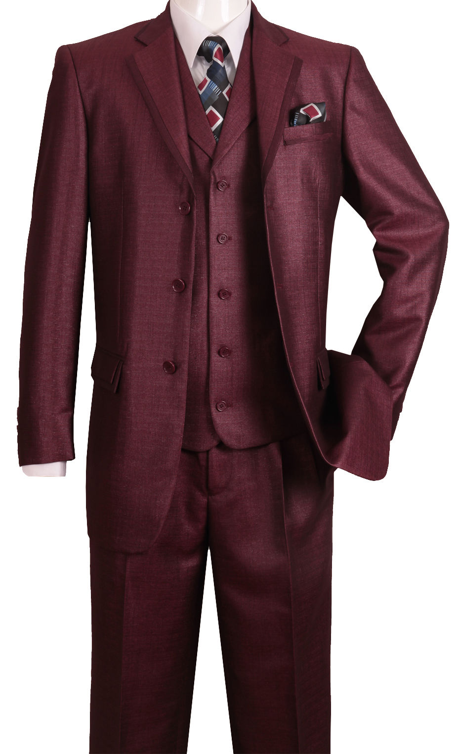 Mens 3 Button Vested Textured Shiny Sharkskin Church Suit in Burgundy 52 Long / Burgundy