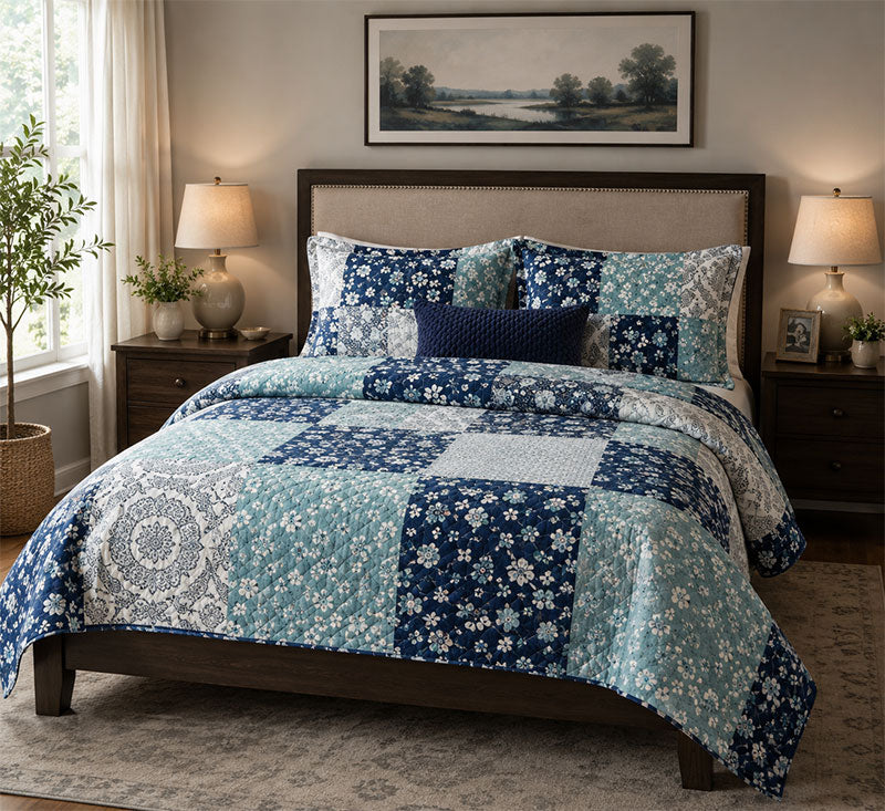 Blue Patchwork Floral Quilt Set
