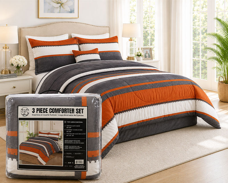 3-Piece Comforter Set – Grey, Orange & Beige Striped Bedding Set