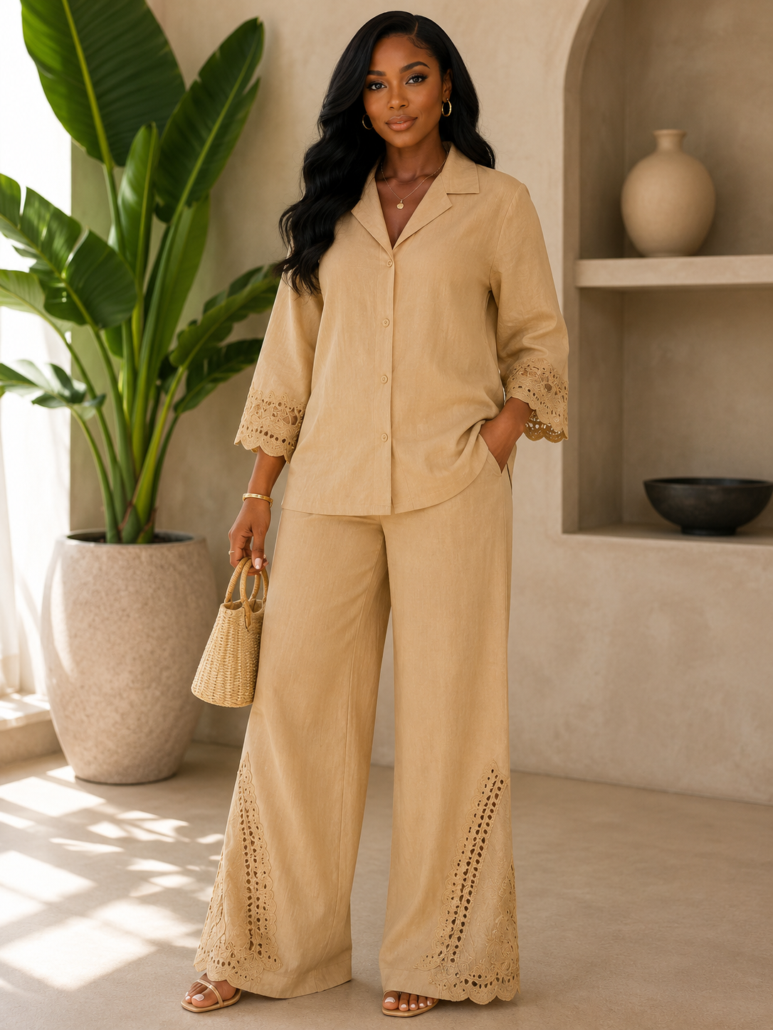 Women Linen Pant Suit 2338 Tan