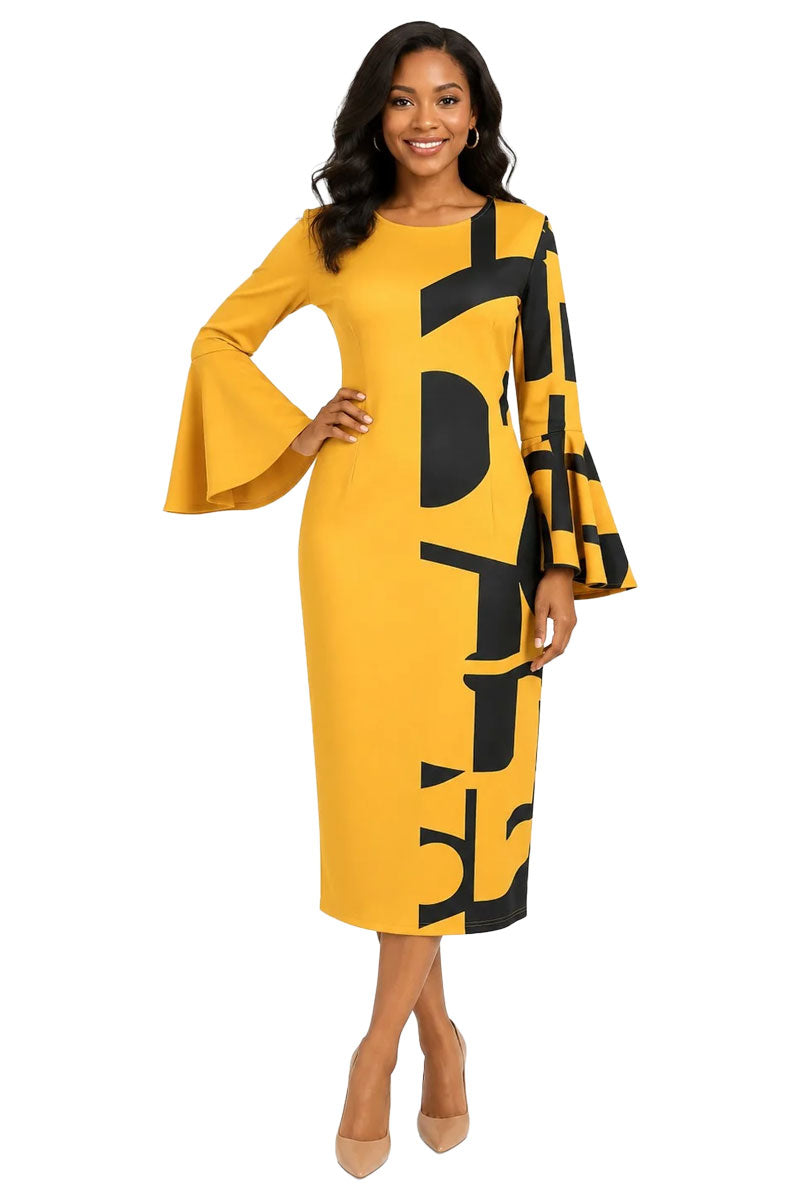 For Her by Tally Taylor Bell Sleeve Dress T7797-Yellow/Black