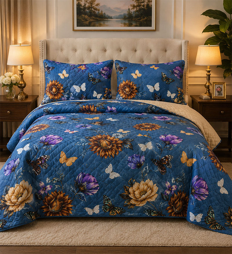 Blue Floral Butterfly Quilt Set