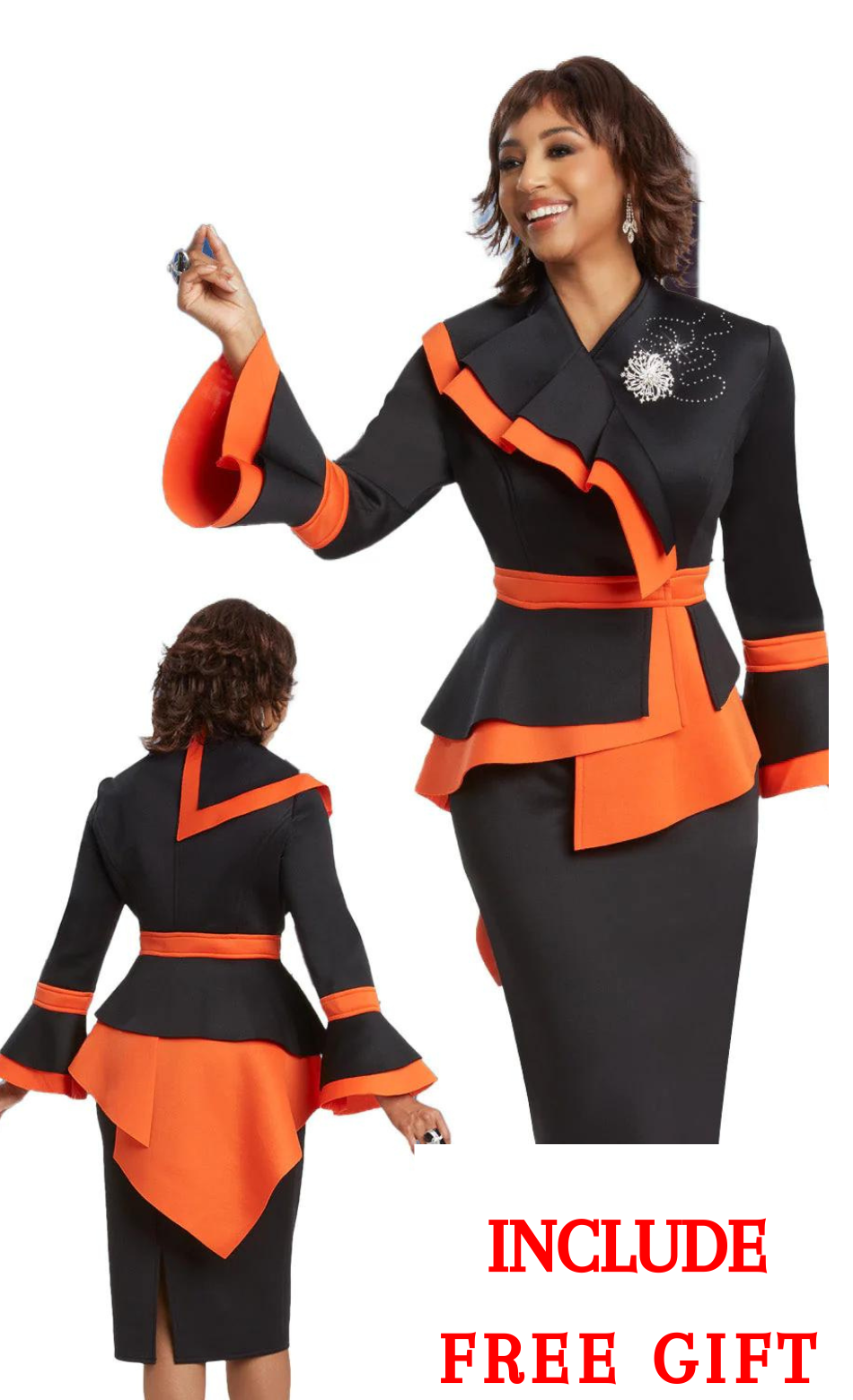 Donna Vinci Skirt Suit 12031C-Black/Orange - Church Suits For Less
