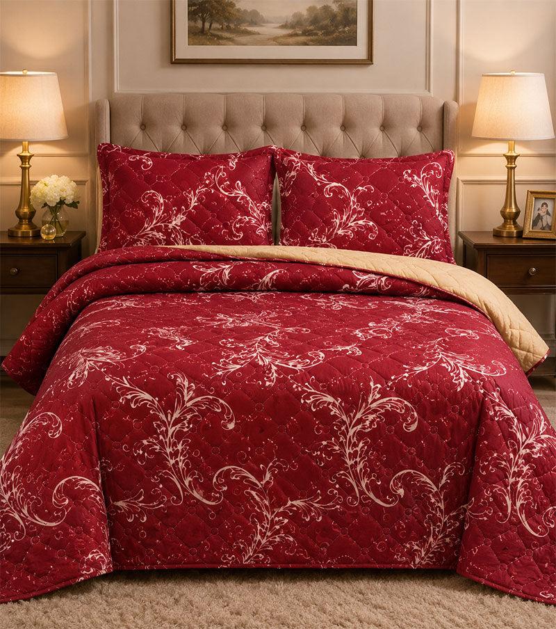 Elegant Burgundy Reversible King Quilt Set