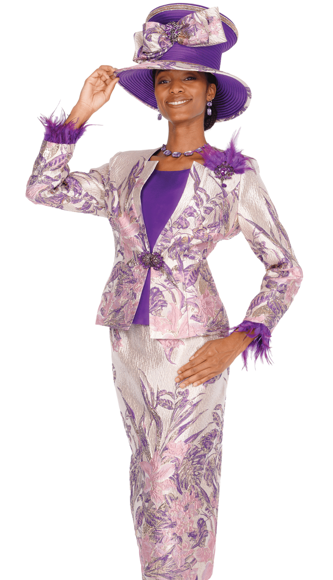 Elegant Elite Champagne 6161 Purple Floral Skirt Suit with Feather Trim - Especially Yours Purple / 8 Elegant Elite Champagne 6161 Purple Floral Skirt Suit with Feather Trim - Especially Yours Purple / 8