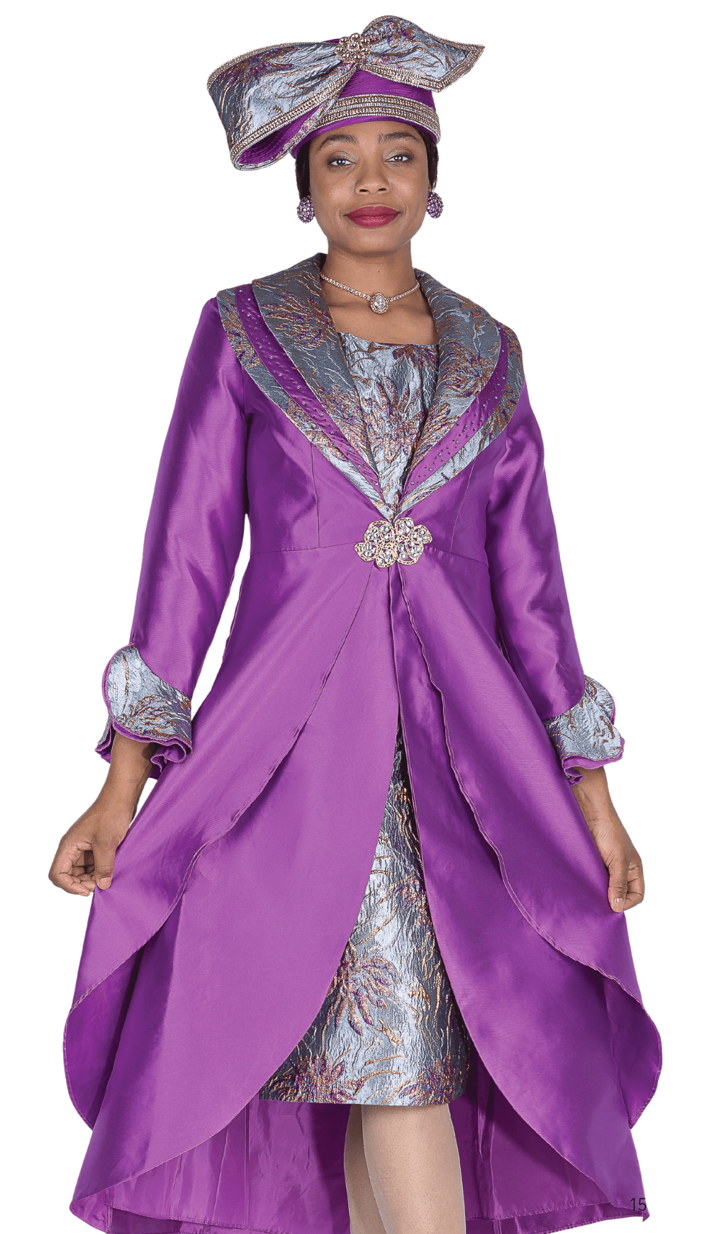 Elite Champagne 6160-PU Purple Brocade Duster Dress Suit with Shawl Collar
