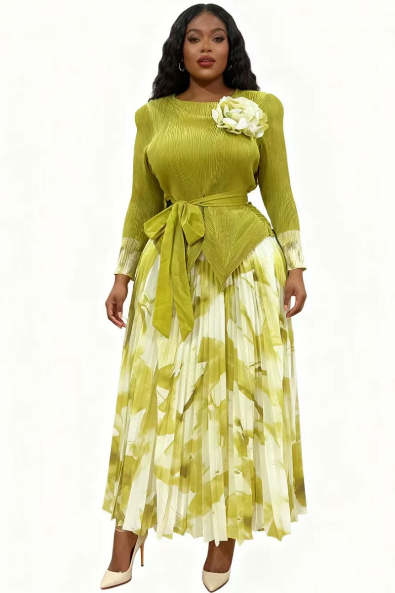 Elegant Floral Pleated Skirt Set 83013-Green/White