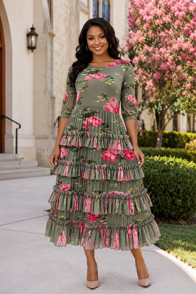 Floral Tiered Ruffle Midi Dress 83004-Grey/Multi