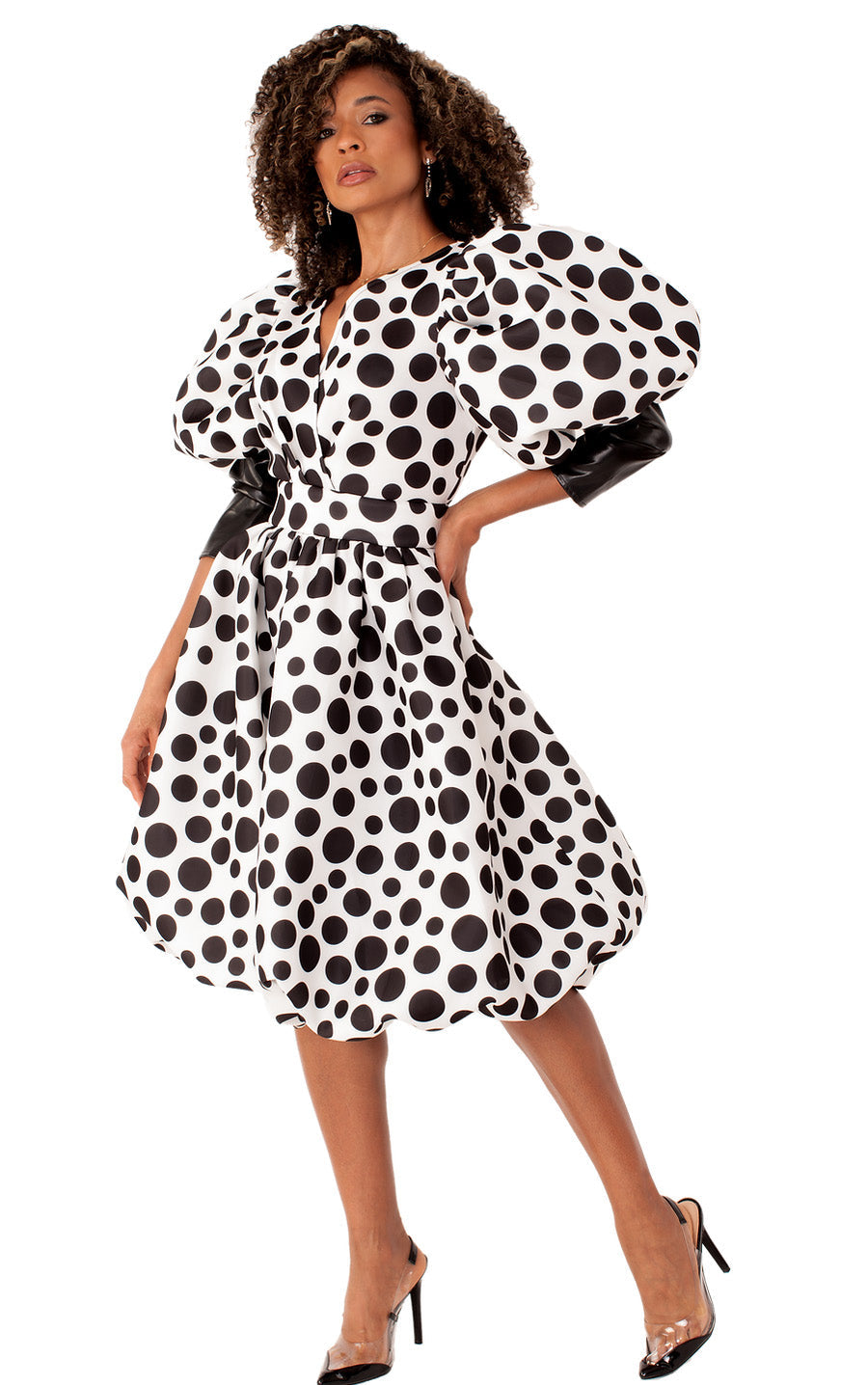 For Her Women Dress 82150C-White Black/Dots - Church Suits For Less