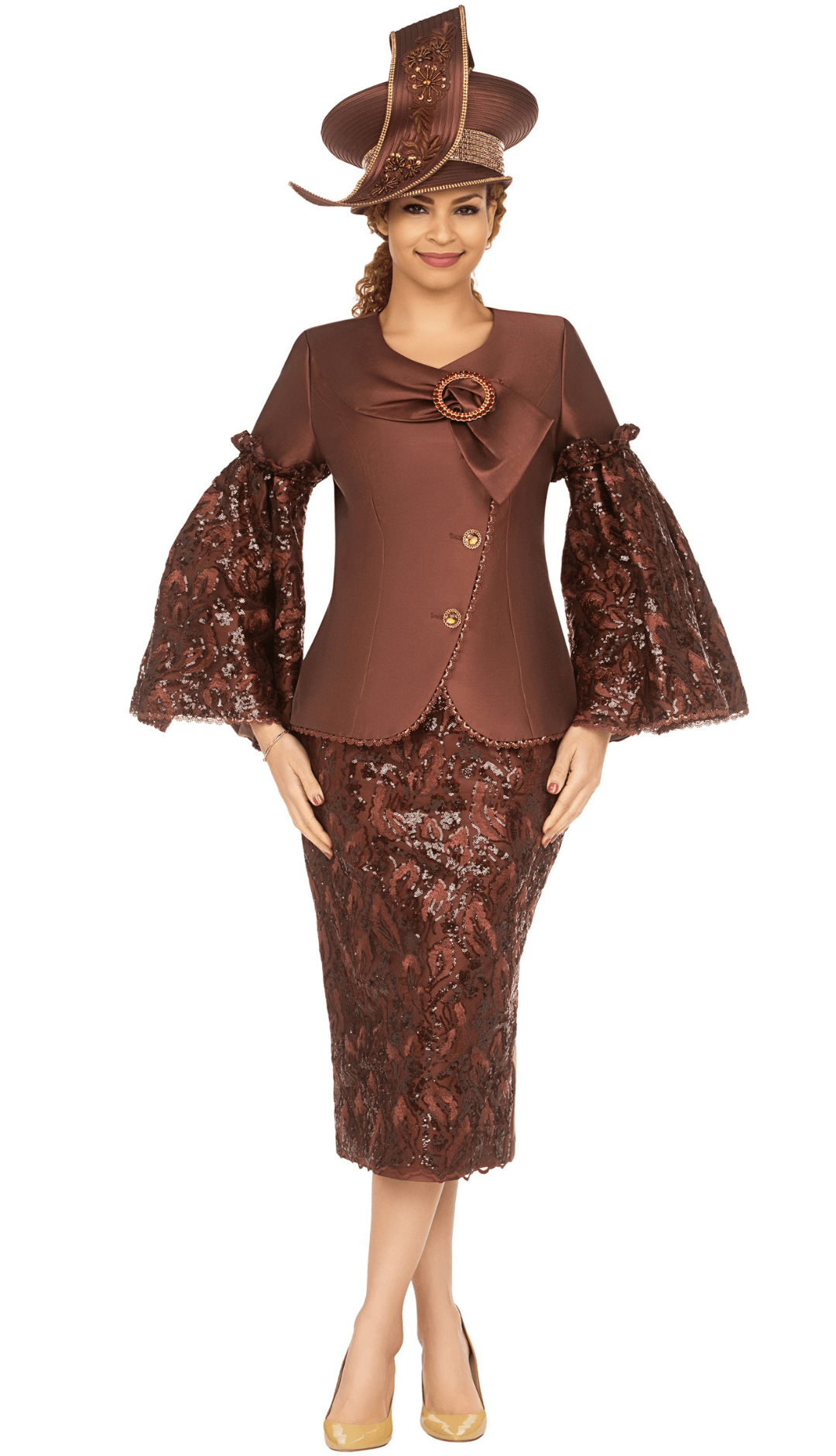 2pc Bell Slv Sequined Lace&Silky Twill Skirt Suit