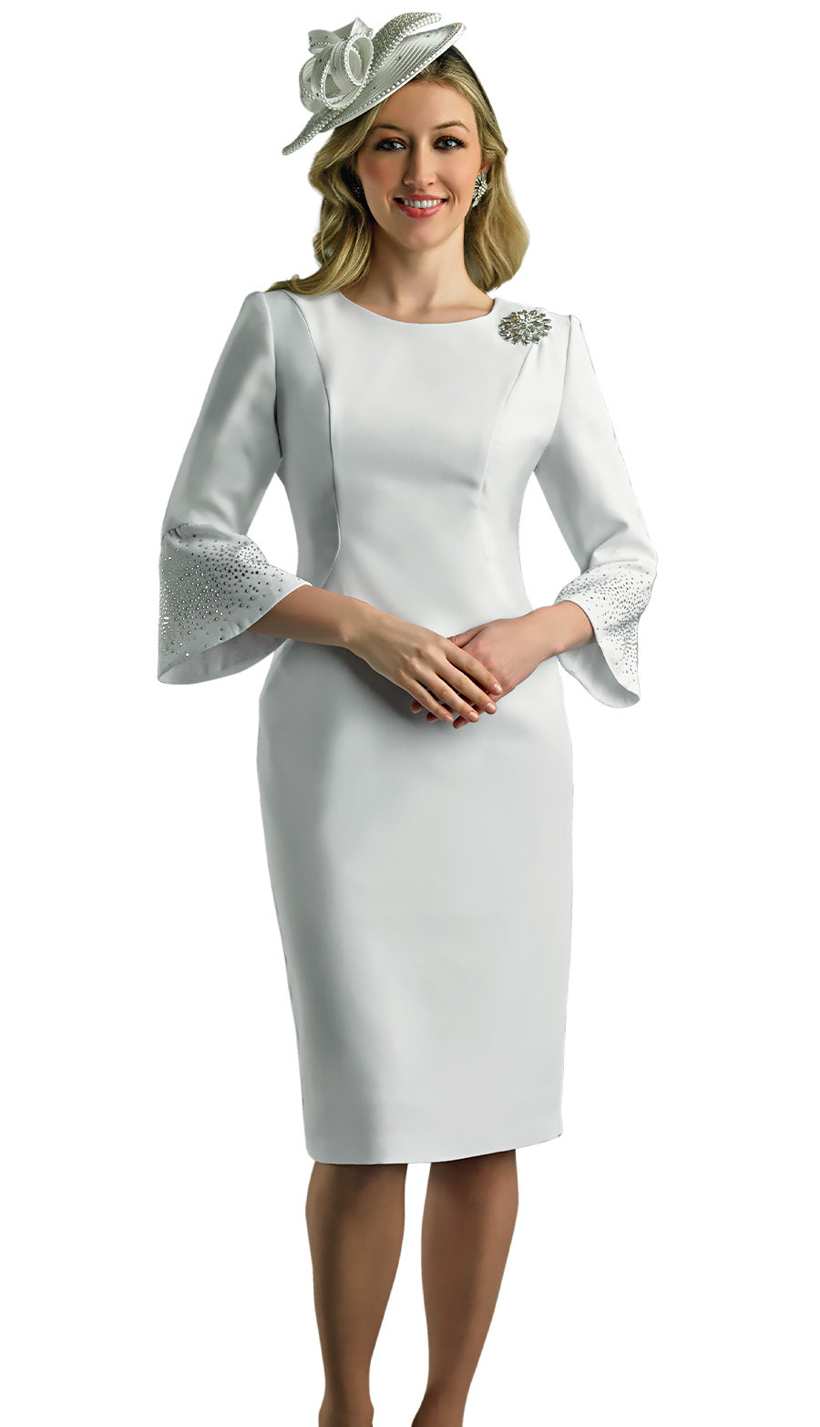 Lily And Taylor 4092-WHT ( 1pc Scuba Knit Ladies Church Dress With Embellished Rhinestone Sleeves And Brooch ) Aqua / 18
