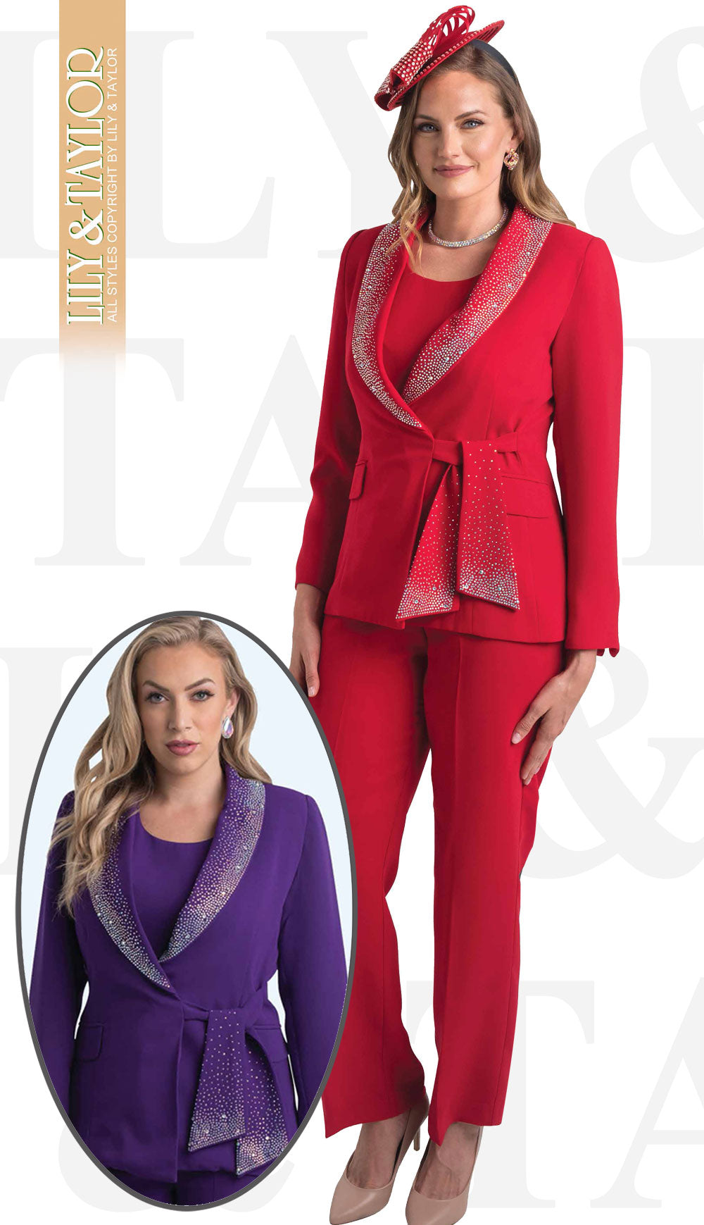 Lily And Taylor Pant Suit 4373-Red - Church Suits For Less
