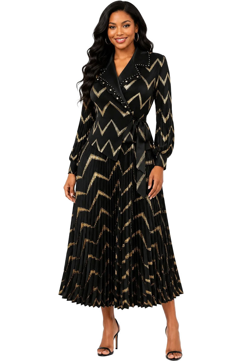 For Her By Tally Taylor Chevron Pleated Dress – 83458-Black