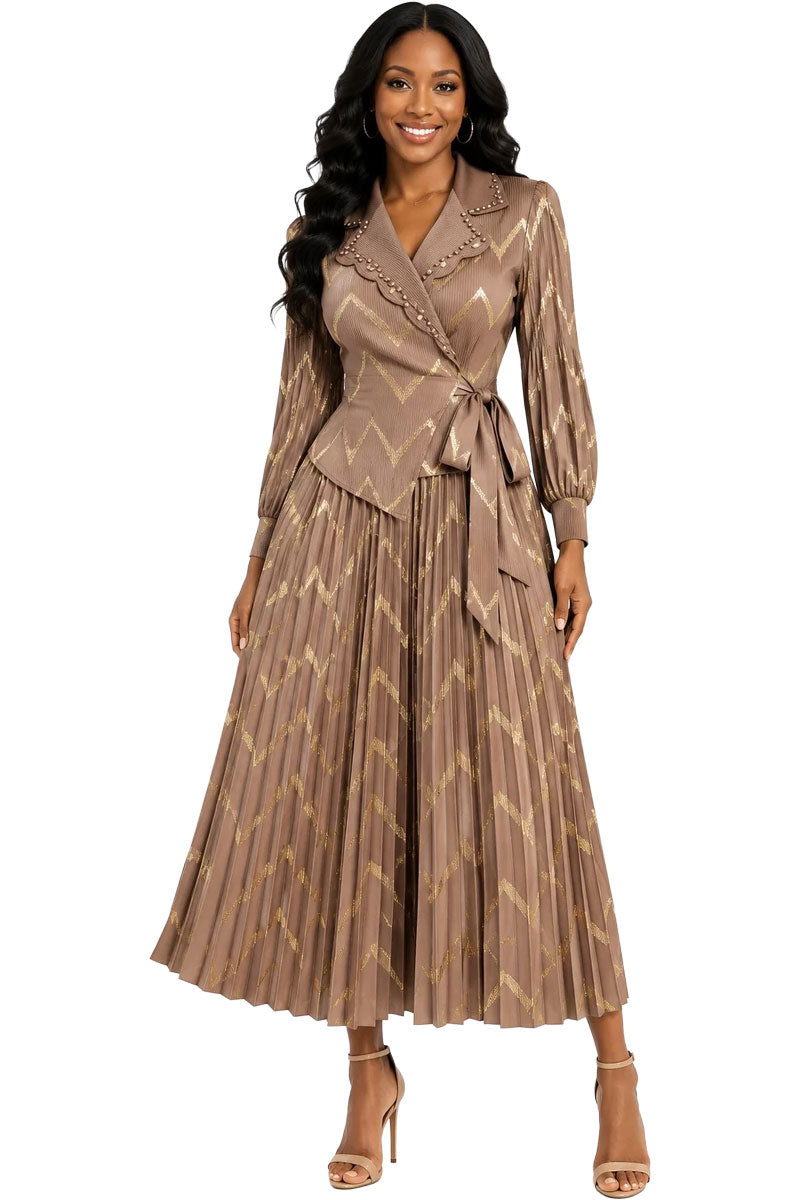 For Her By Tally Taylor Chevron Pleated Dress – 83458-Khaki