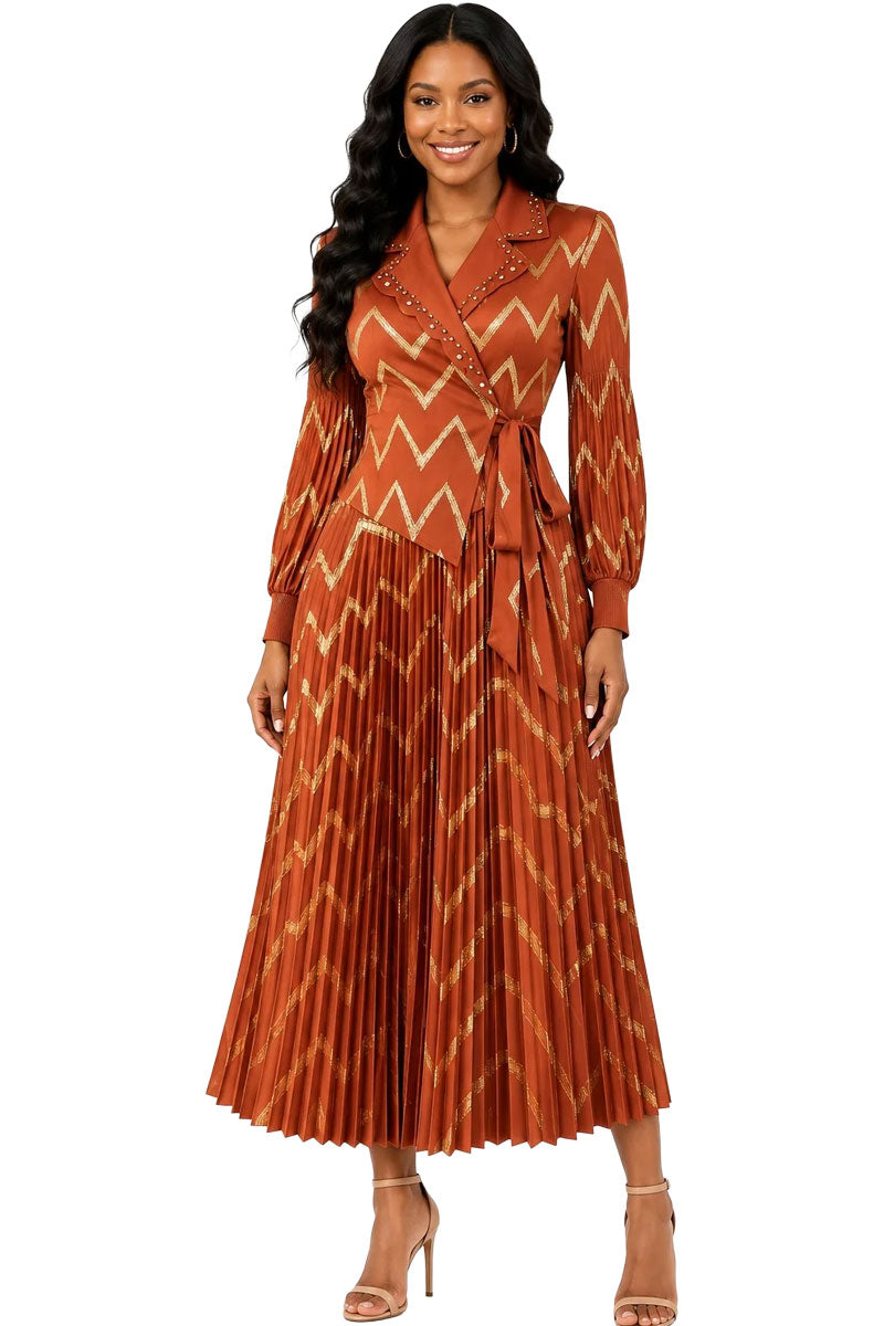 For Her By Tally Taylor Chevron Pleated Dress – 83458-Orange