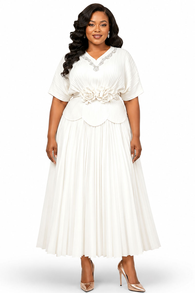 Pleated Floral Waist Maxi Dress 83021-White
