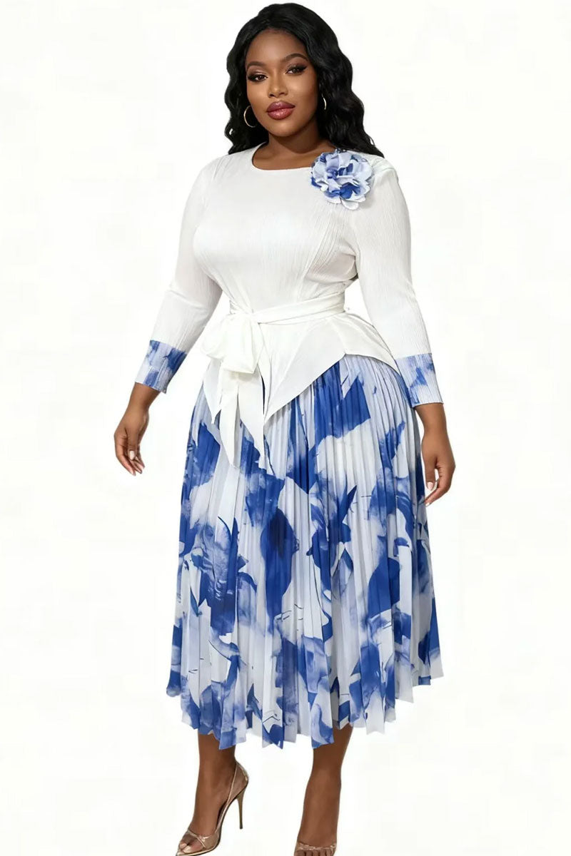 Elegant Floral Pleated Skirt Set 83013-Blue/White