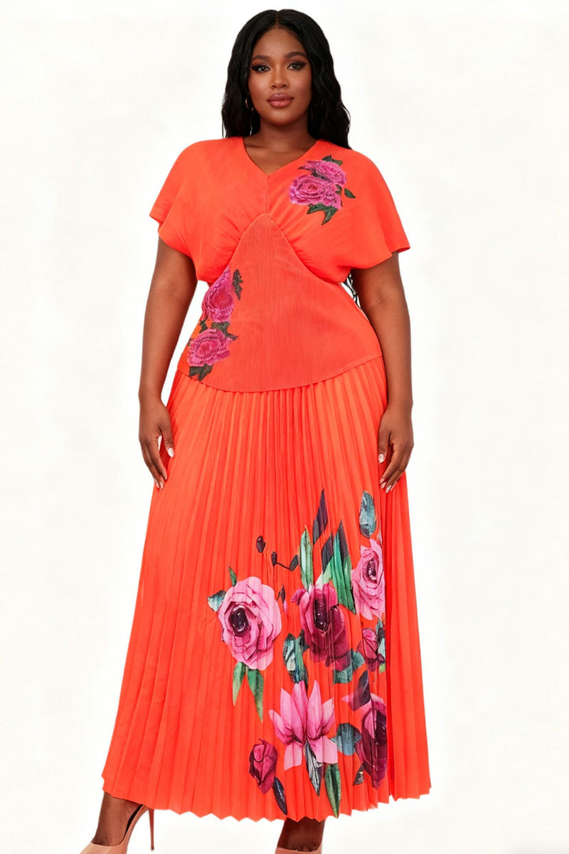 Elegance Pleated Skirt Set 83025-Orange Multi
