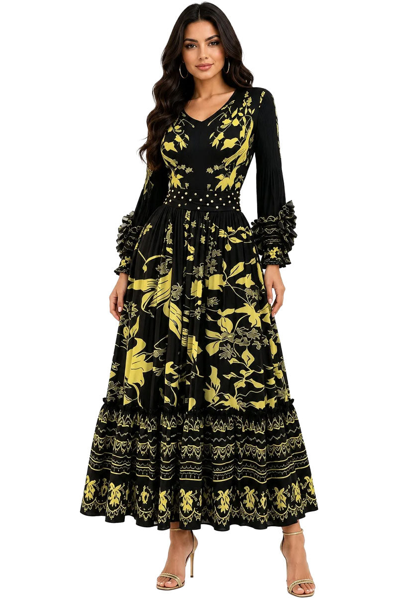 For Her Printed Tiered Pleated Maxi Dress 83452-Black
