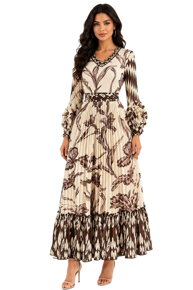 For Her Printed Tiered Pleated Maxi Dress 83452-Brown