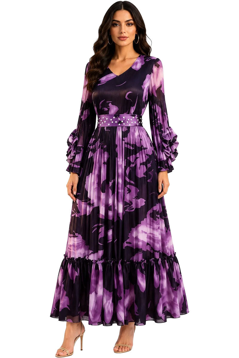For Her Printed Tiered Pleated Maxi Dress 83452-Purple