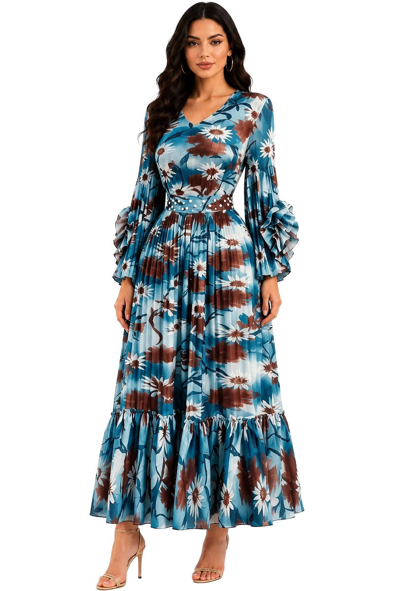 For Her Printed Tiered Pleated Maxi Dress 83452-Teal
