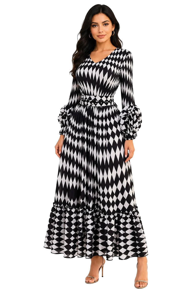 For Her Printed Tiered Pleated Maxi Dress 83452-White/Black