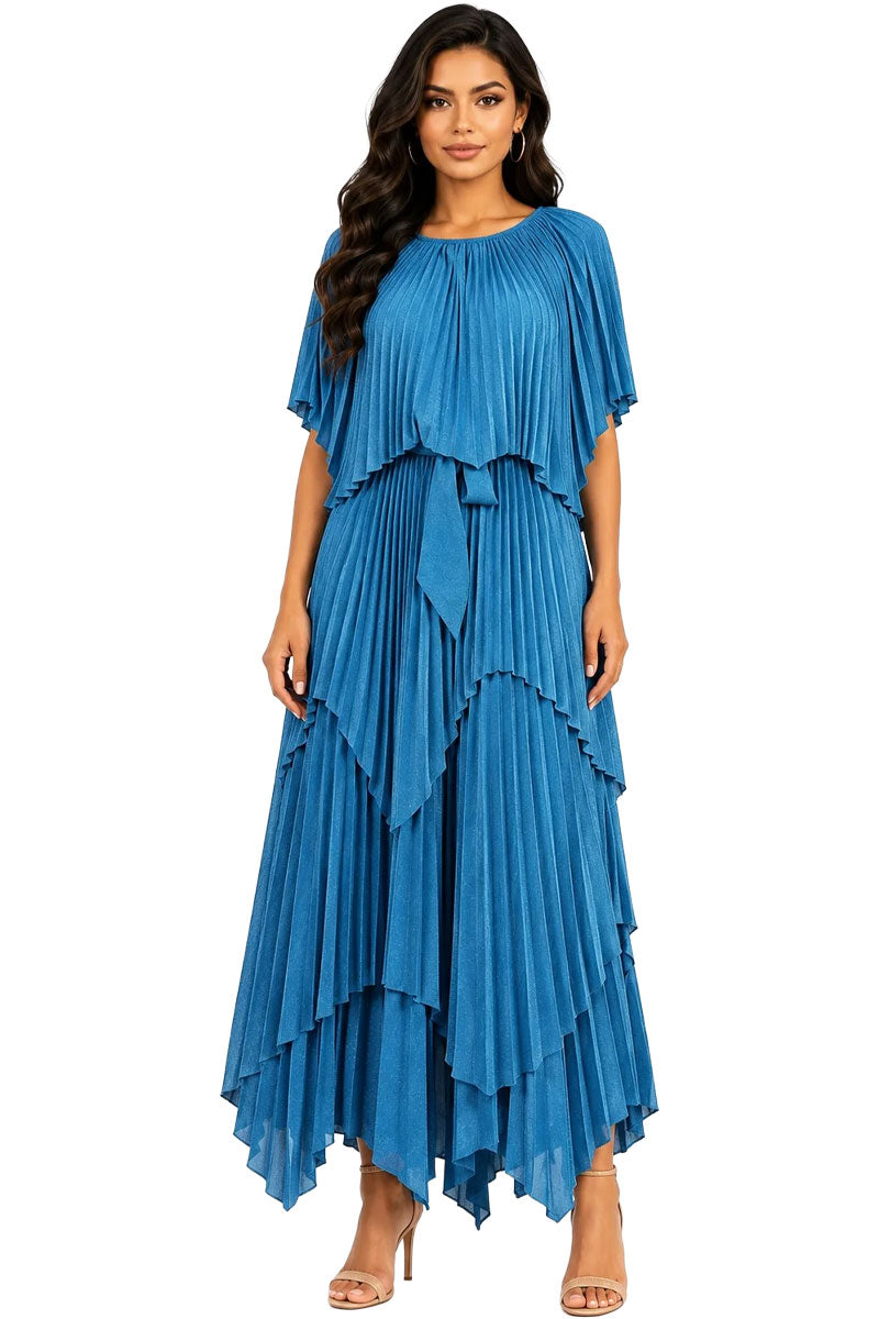 For Her Pleated Maxi Dress with Cape 83453-Blue