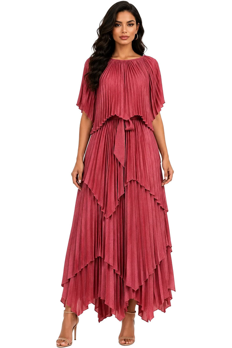 For Her Pleated Maxi Dress with Cape 83453-Rose