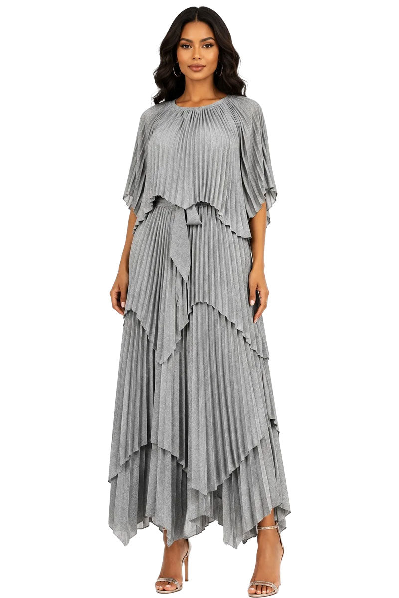 For Her Pleated Maxi Dress with Cape 83453-Silver