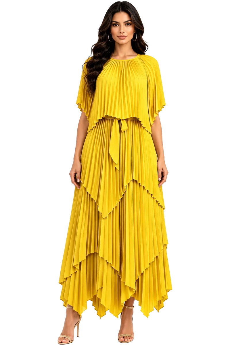 Pleated Maxi Dress with Cape 83453 – Yellow