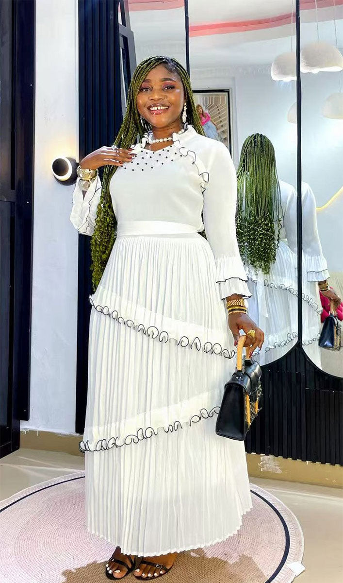 Pleated Ruffle Trim Maxi Dress 82998-White