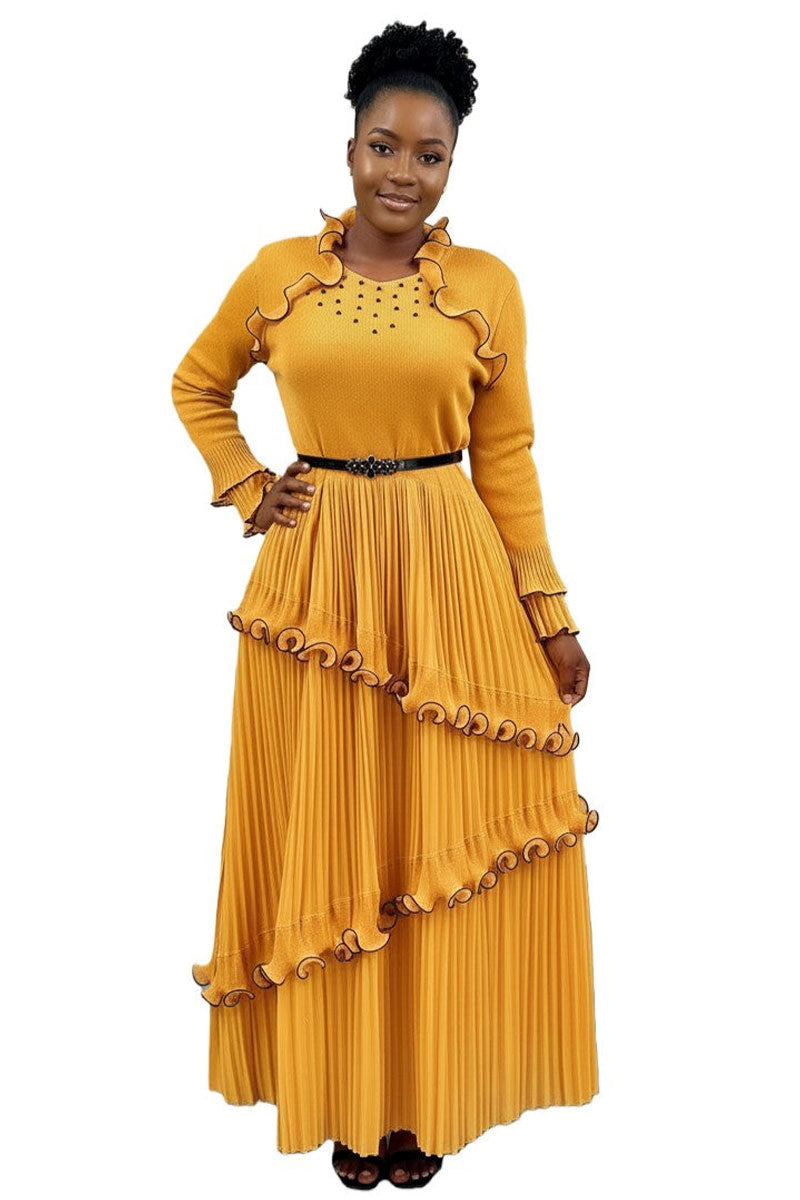 Yellow Cart Ruffle Pleated Ruffle Trim Maxi Dress 82998-Yellow – Church suits for less