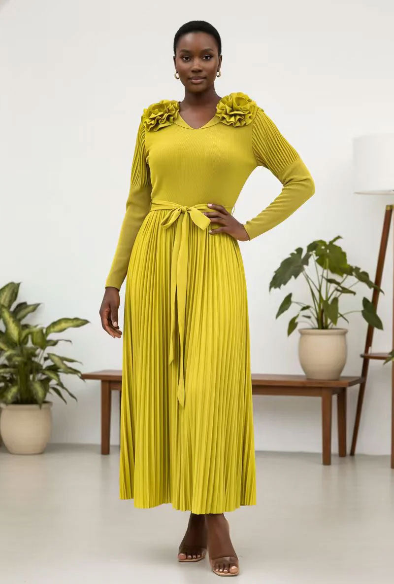 Pleated Rosette Shoulder Midi Dress-83003-Green