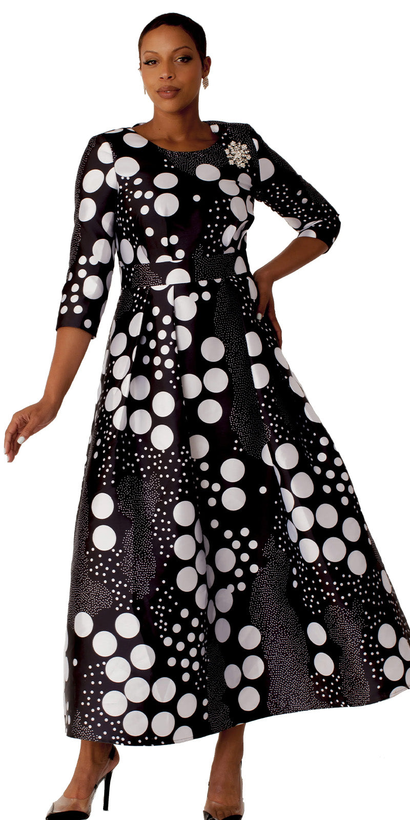 Tally Taylor Church Dress 4497-Black/White Dots - Church Suits For Less