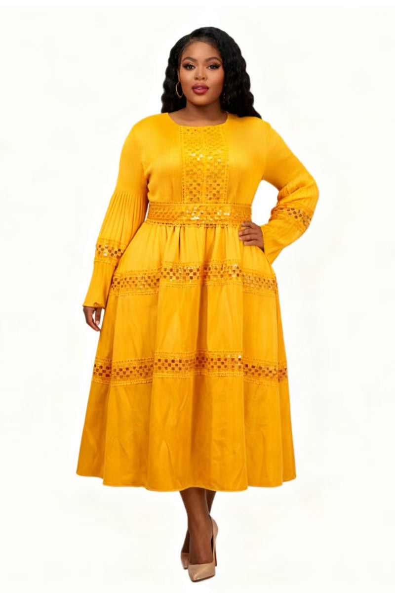 Lace Reverie Tiered Midi Dress 83023-Yellow