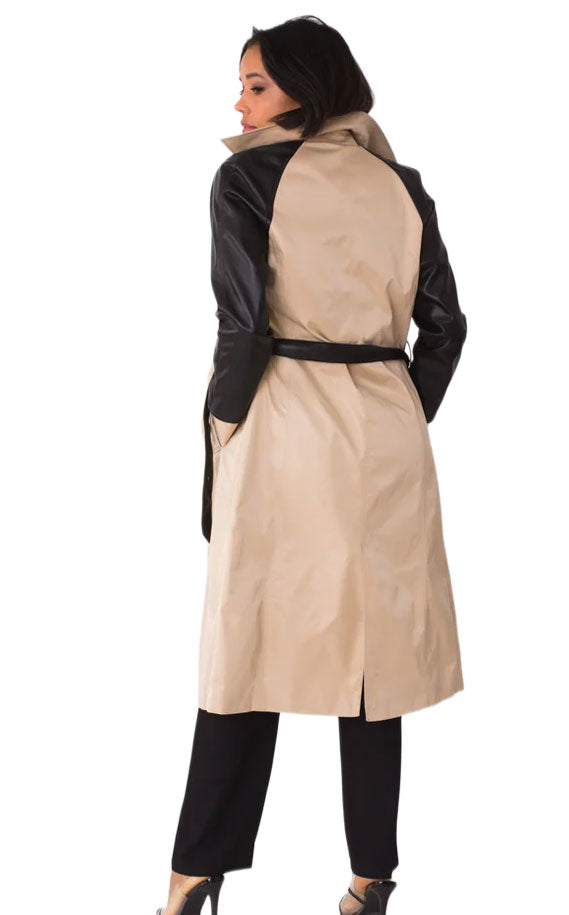 Two-Tone Leather Sleeve Trench Coat -82525